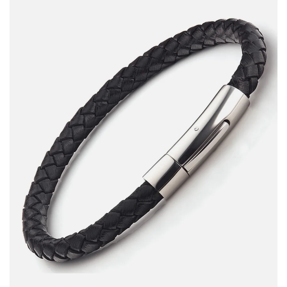 NEW Unisex Men's Black Leather Stainless Magnetic Closure Bracelet‎ 8.25”